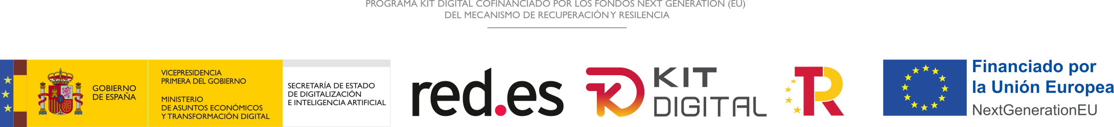 Programa Kit Digital cofinanciado por los fondos Next Generation (EU) del Mecanismo de Recuperación y Resiliencia. Gobierno de España, Ministerio de Asuntos Económicos y Transformación Digital; red.es; Kit Digital; Plan de Recuperación, Transformación y Resiliencia; Financiado por la Unión Europea, NextGenerationEU.